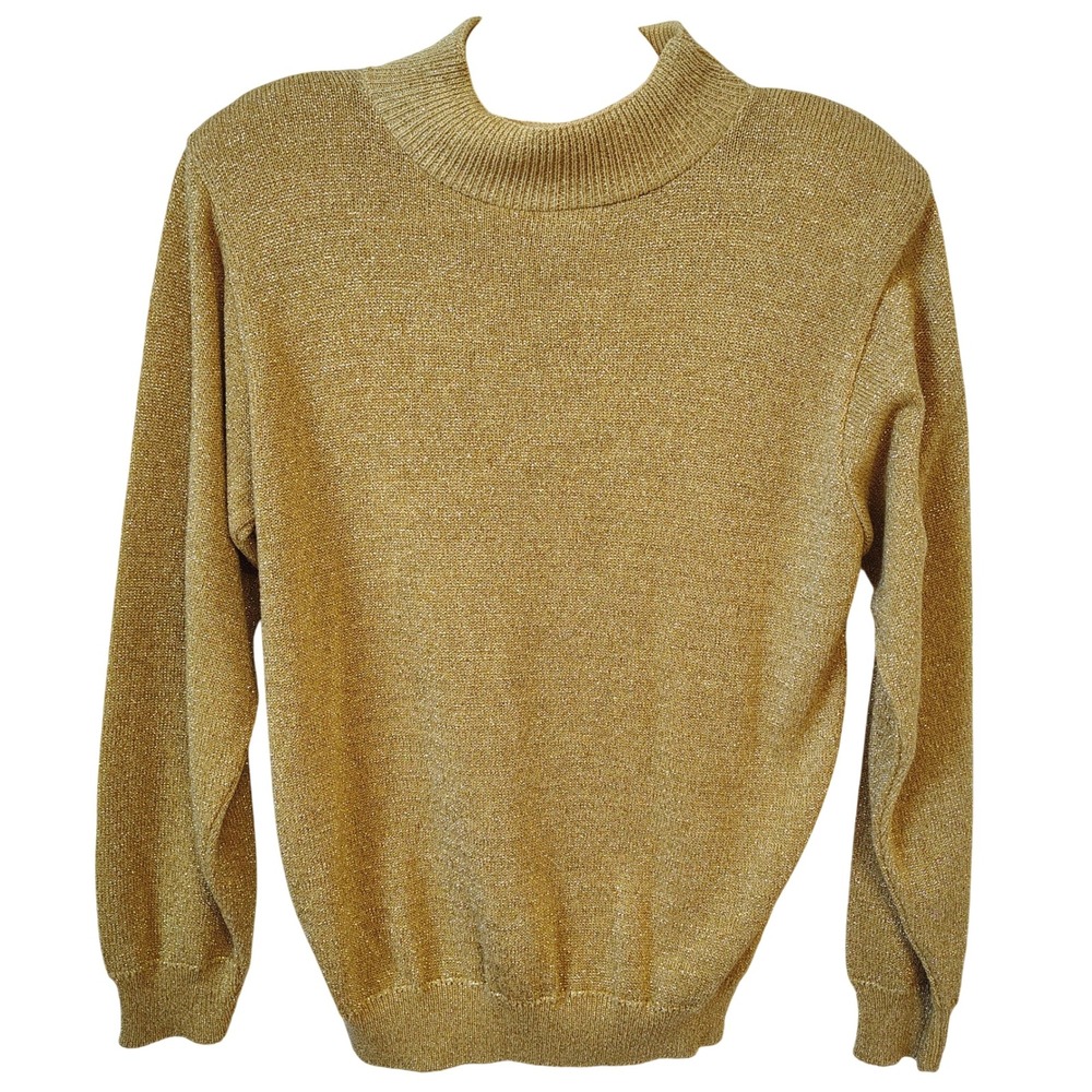 Vintage 90s Alfred Dunner Sweater Small Gold Metallic Knit Mock‎ Neck Holiday